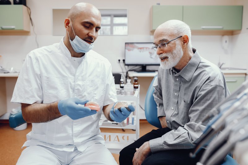 Patient talking to their dentist about replacement dentures